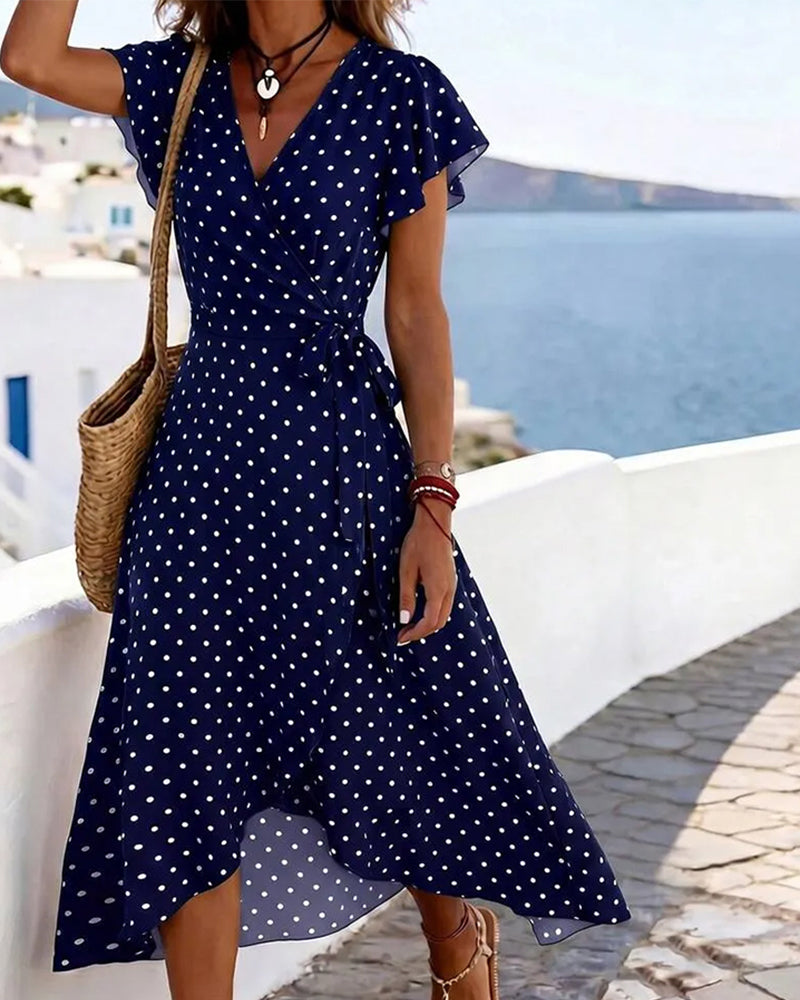 V-Neck Polka Dot Ruffle Waist Dress