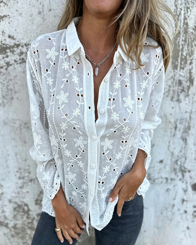 Floral Hollow Out Long-Sleeve Blouse