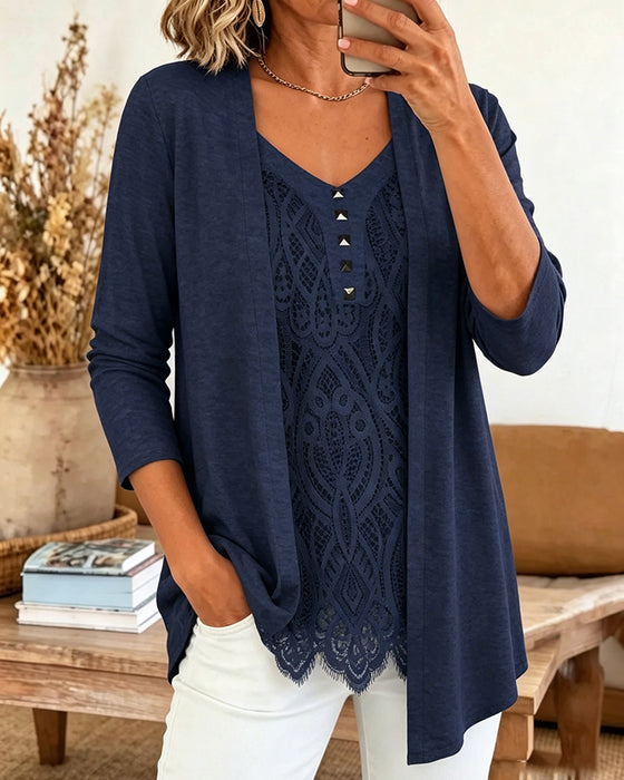 Fake Two Pieces Lace Patchwork Blouse