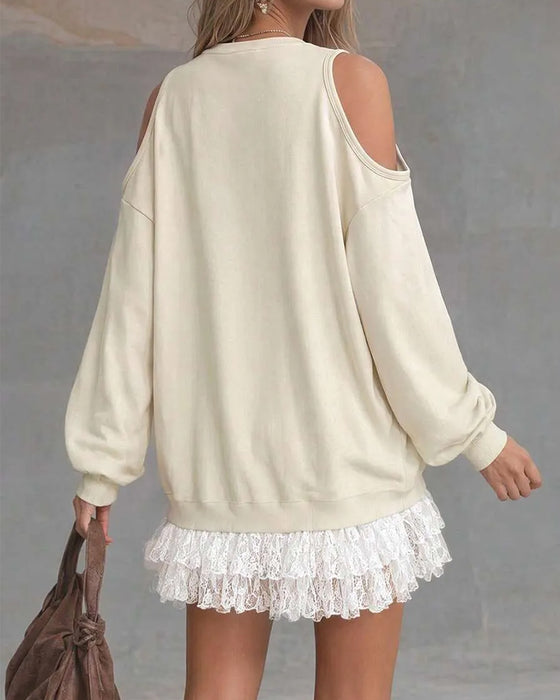 Cold Shoulder Lantern Sleeve Lace Patchwork Dress