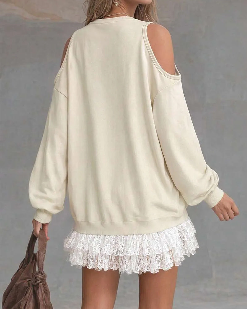 Cold Shoulder Lantern Sleeve Lace Patchwork Dress