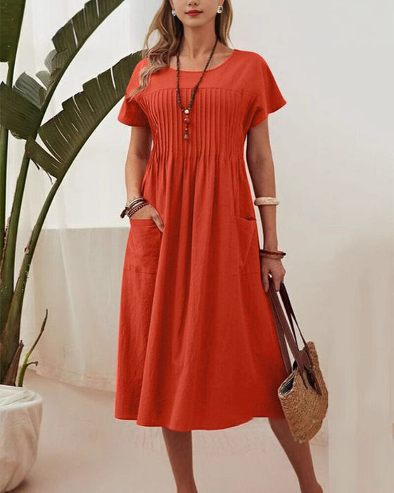 Pleated Short Sleeve Cotton And Linen Dress