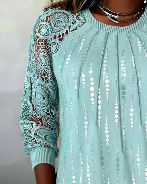 Round Neck Shirred Lace Polka Dot Top