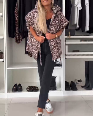 Fashion leopard raglan sleeve zipper hooded coat