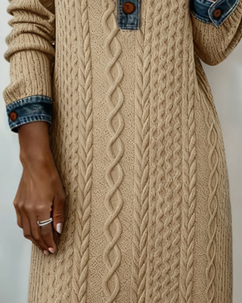 Denim cable knit patchwork collared dress