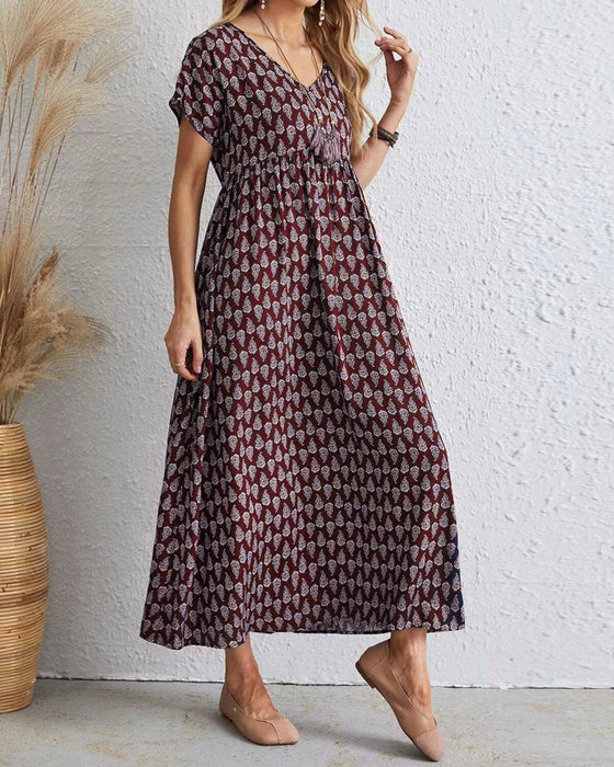 V neck short sleeve long dress