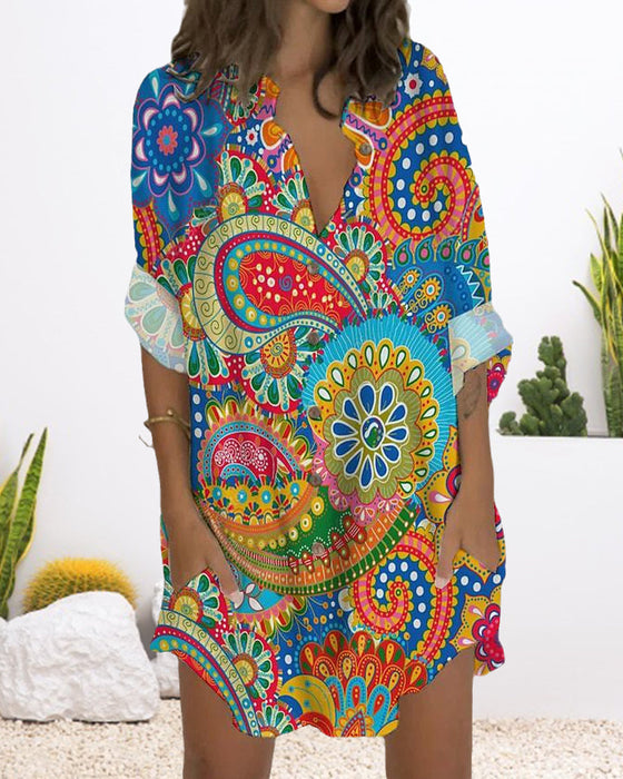 Printed button long sleeve pocket dress