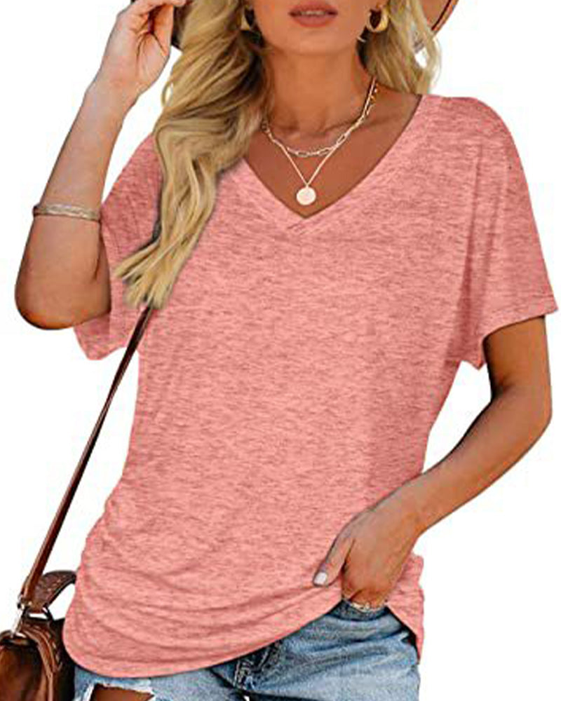 Pleated Solid Color V-Neck T-Shirt