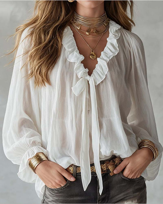 V-Neck Lace-Up Ruffled Long-Sleeve Blouse
