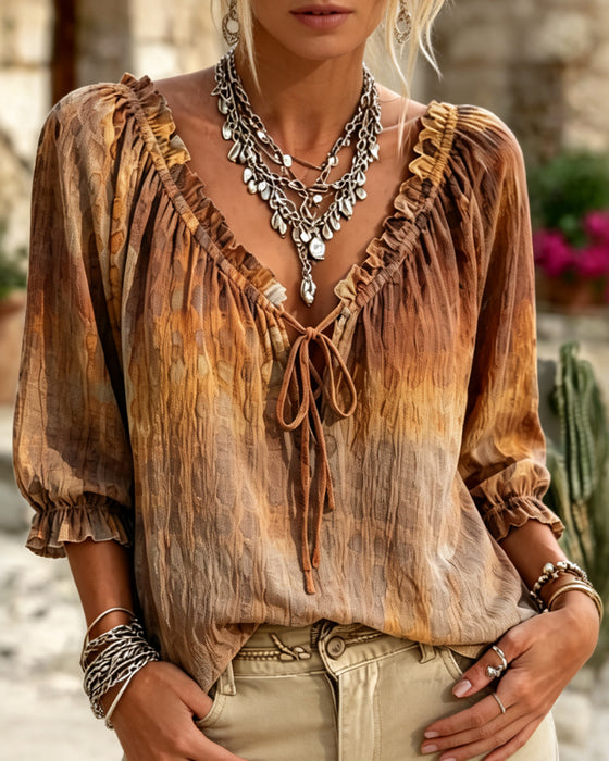 V-Neck Gradient Lace Up Blouse