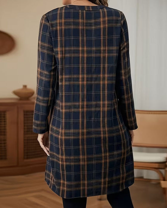 Plaid Long Sleeve A-Line Dress