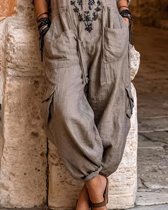 Printed Tapered-Leg Cargo Jumpsuit