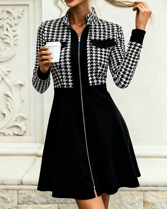 Houndstooth Lace Long-Sleeved Dress