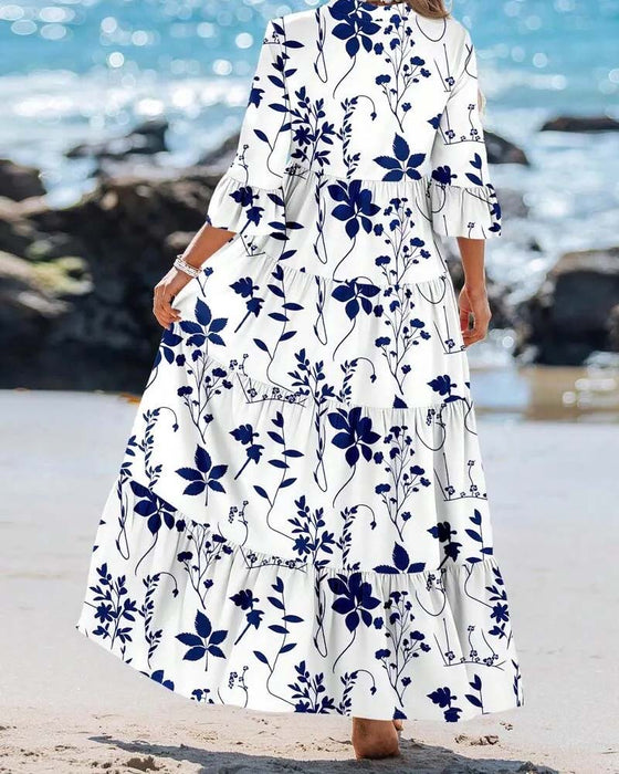 V-Neck Floral Ruffle Tiered Dress