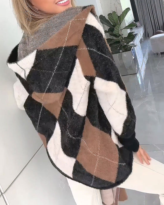 Plaid Color Block Hooded Zip Cardigan