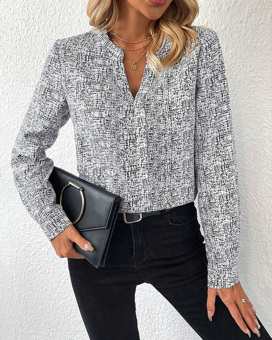 V-neck printed elegant long-sleeved blouse