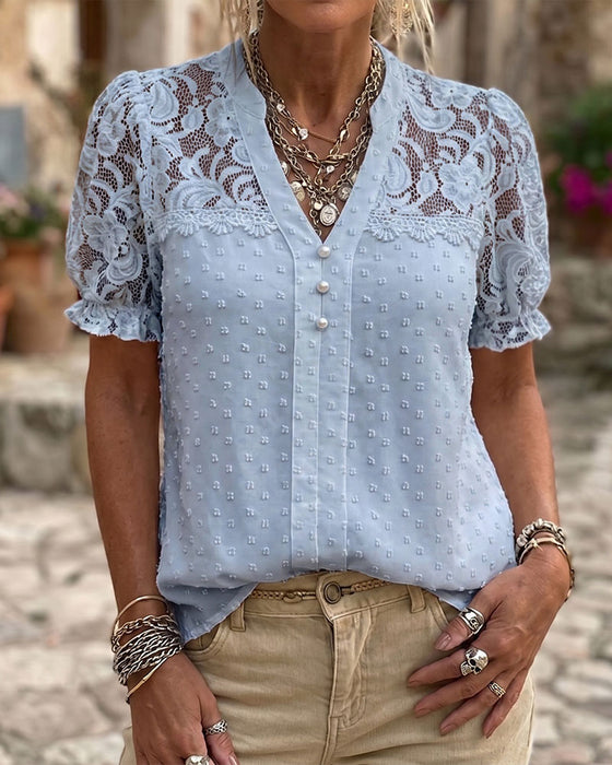 Lace Patchwork Puff Sleeve V-Neck Blouse