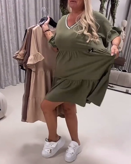 V-Neck Ruffle Sleeve A-Line Dress