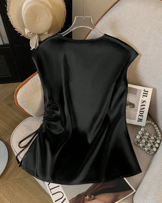 V-Neck Drawstring Sleeveless Blouse