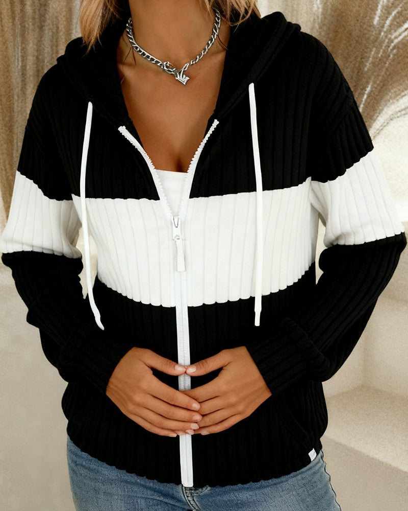 Color-Blocked Zippered Hooded Coat