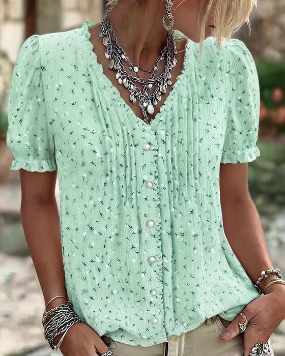 Puff Sleeve Floral Print Short-Sleeve Blouse