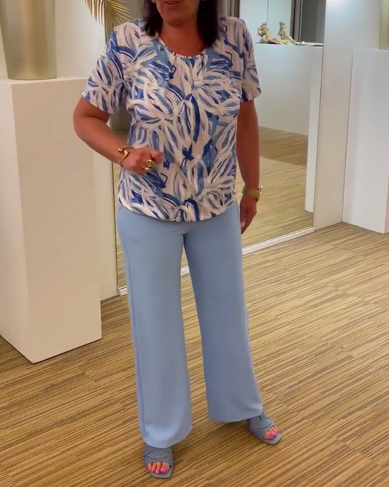 Printed short-sleeve round neck pleated blouse