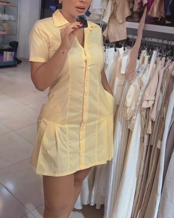 Solid Color Lapel Short Sleeve Shirt Dress