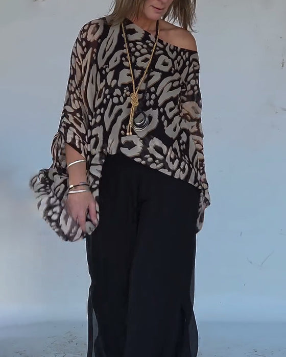 Irregular Bat Print Long-Sleeved Blouse