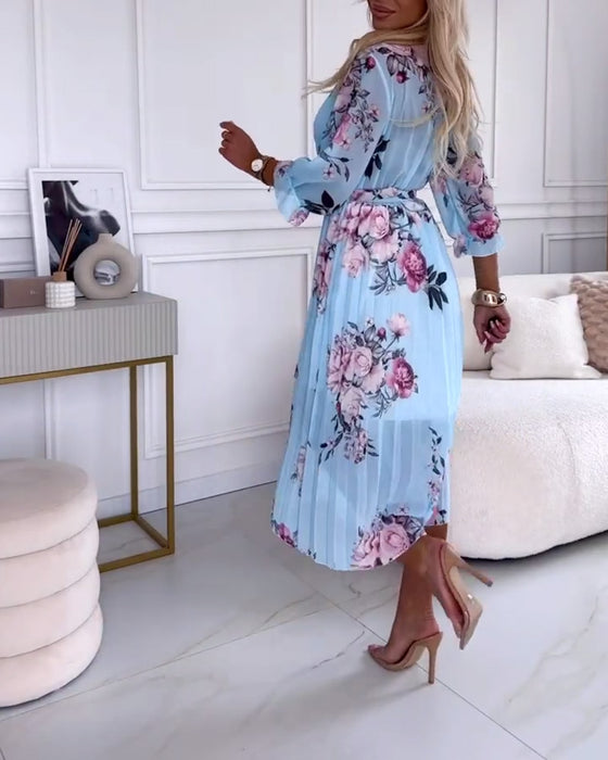 Elegant floral print pleated dress