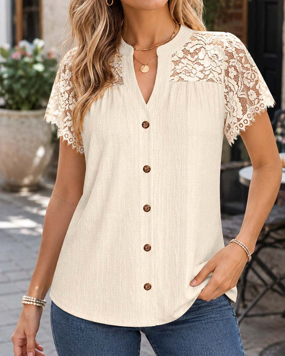 V-Neck Button Lace Panel Blouse