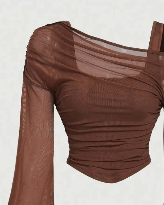 Mesh Ruffled Long Sleeve Cami Blouse