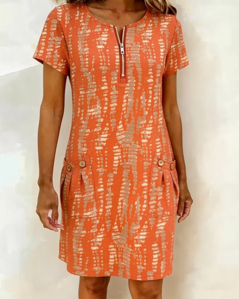 Printed Half-Zip Large Pocket Dresss