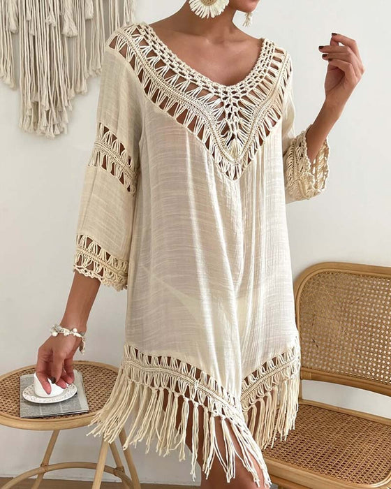 V-Neck Solid Color Hollow Cover Up