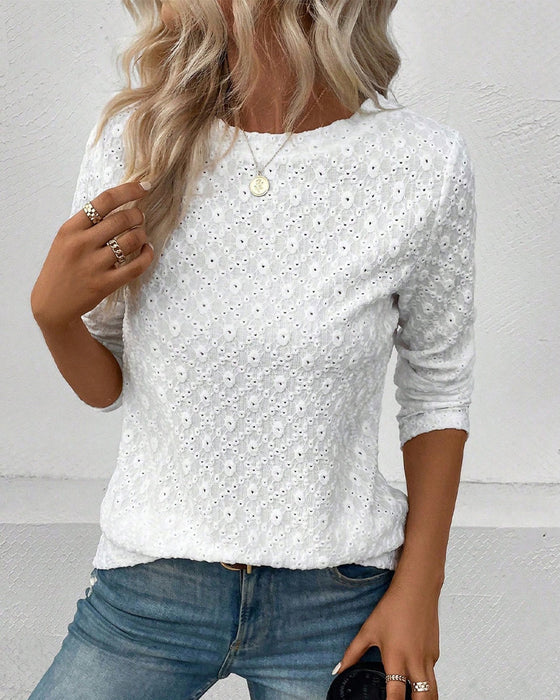 Hollow-Out Round Neck Long-Sleeved Versatile Top