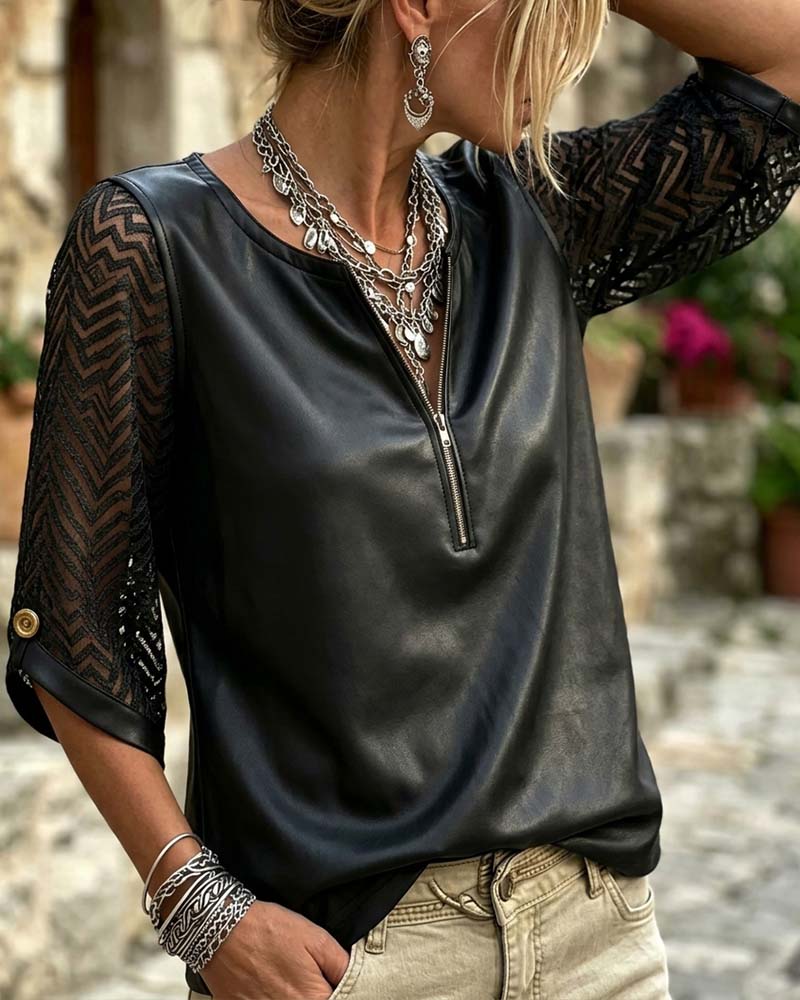 Crew Neck Zip Fashion Top