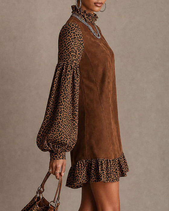 Leopard Print Lantern Sleeve Ruffled Straight Mini Dress