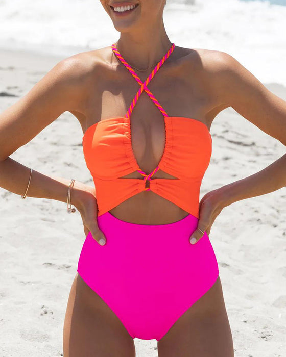 Cross-Tie One-Piece Contrasting One-Piece
