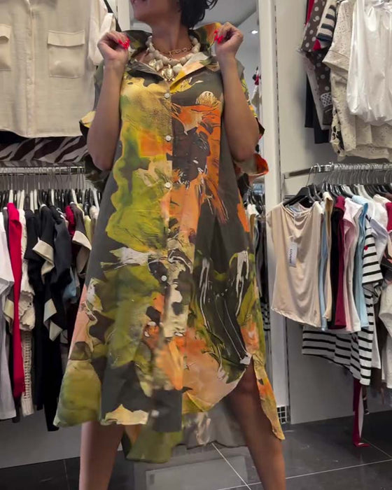 Shirt Collar Color Block Slit Dress