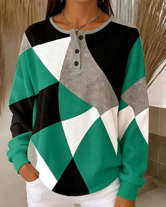 Crew Neck Button Color Block Casual Top