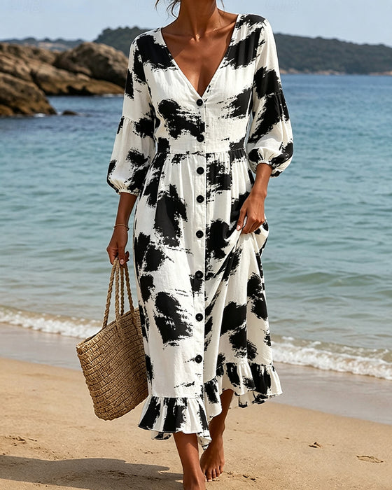 V-Neck Button Color-Block Dress