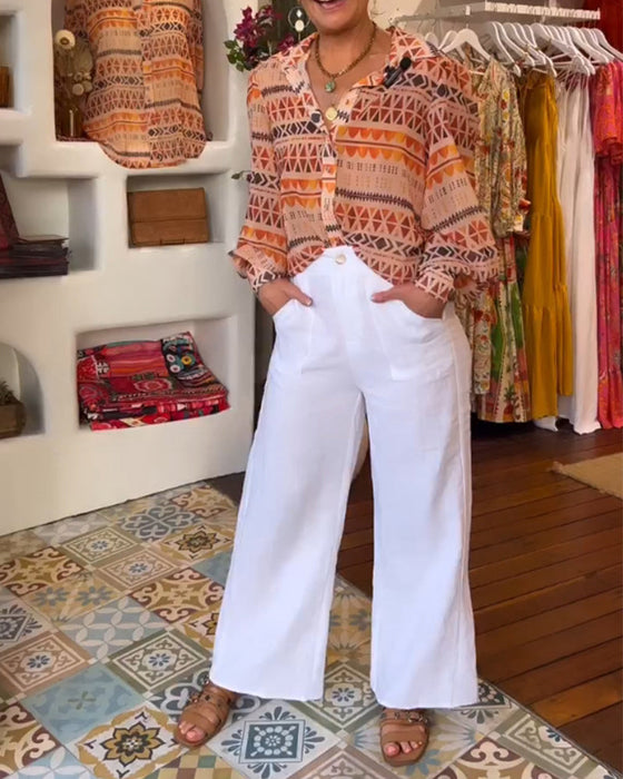 Lapel retro printed shirt