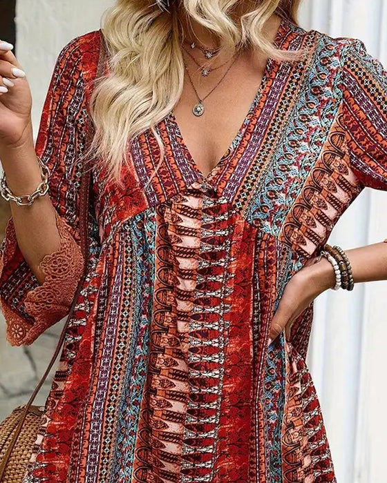 V-Neck Lace Three-Quarter Sleeve Dress