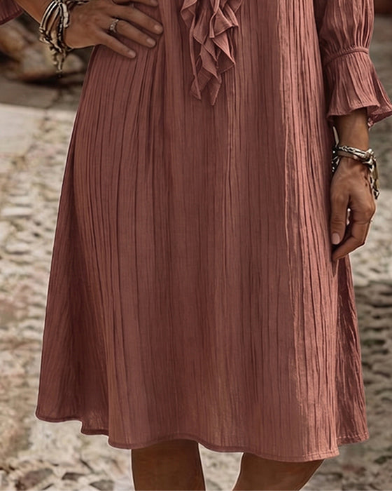 Ruffle Collar Tie Three Quarter Sleeve Dress
