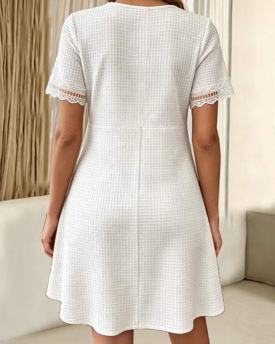 V-Neck Lace Patchwork Waffle Dress