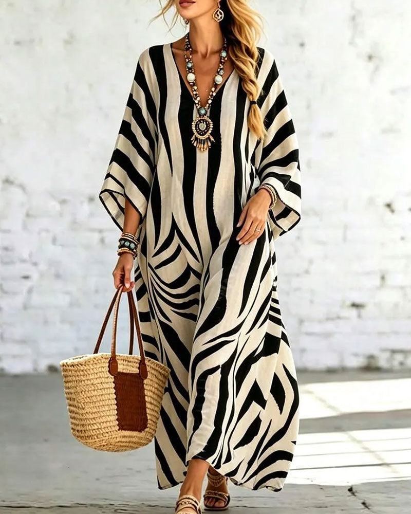 V-Neck Zebra Loose Vacation Dress