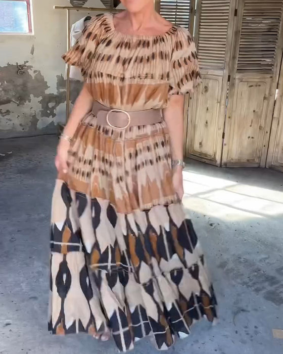 Off-Shoulder Square Neck Loose Print Dresses