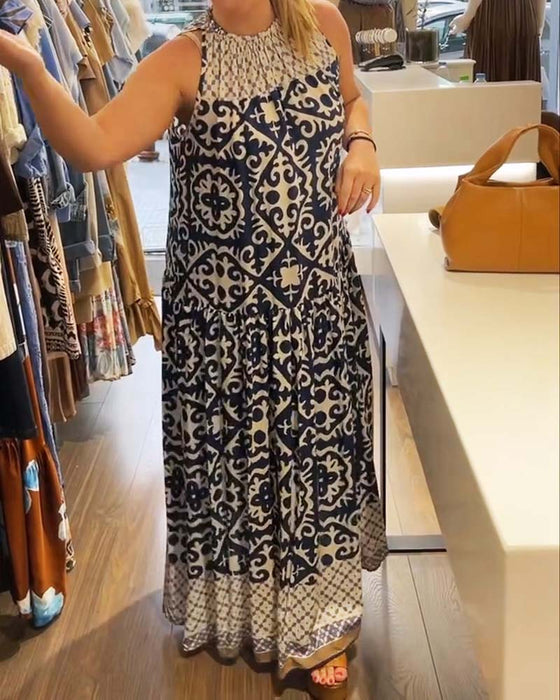Sleeveless Crew Neck Shirred Full Skirt Dress