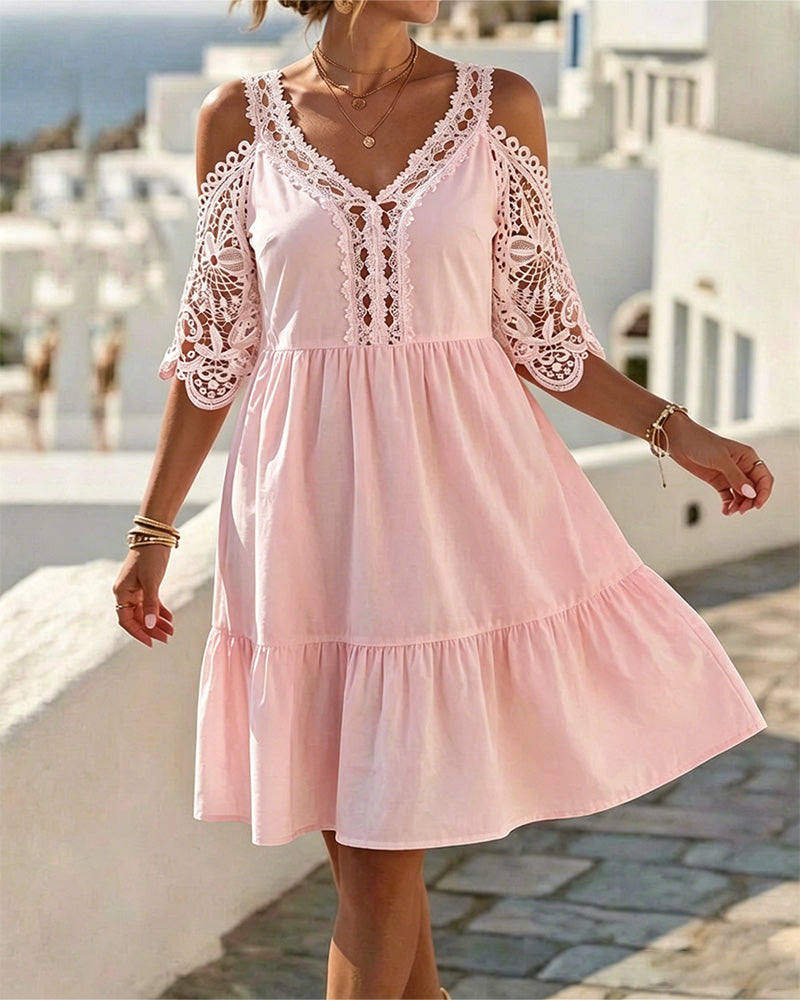 Lace Off-Shoulder Tiered Short Dresses