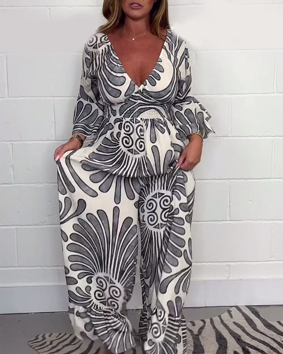 Deep V retro printed bell sleeve loose jumpsuit