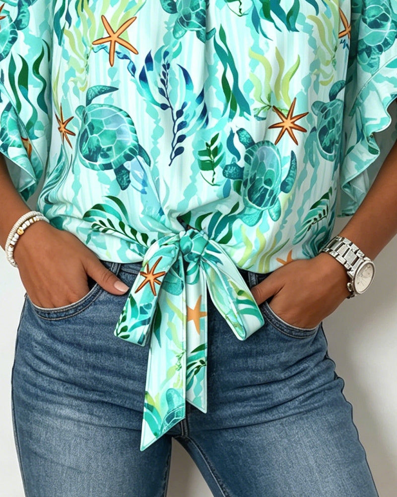 Ocean Print Off-Shoulder Tie Blouse